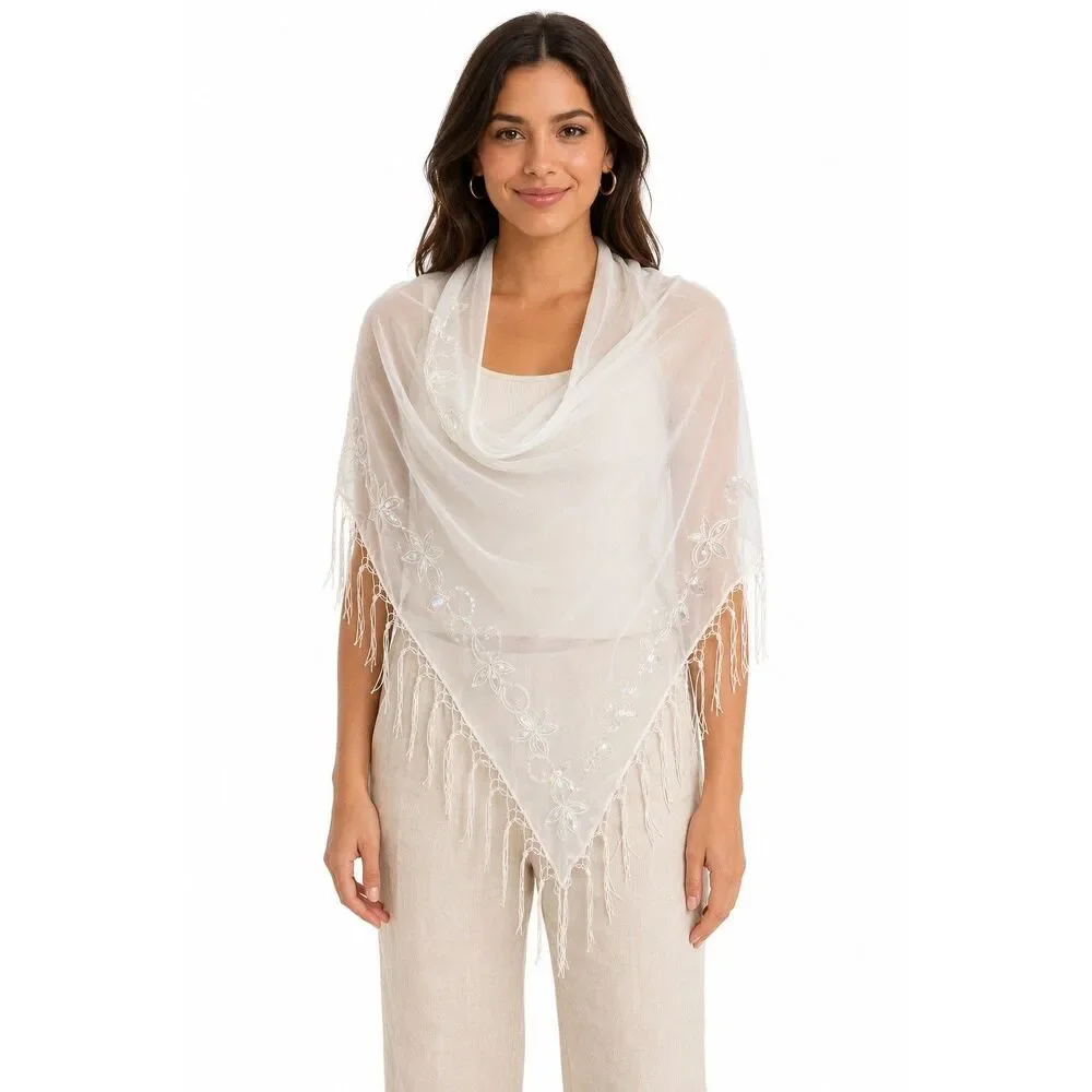 NWT Deb White Embroidered Sequin Fringe Triangle Scarf OS